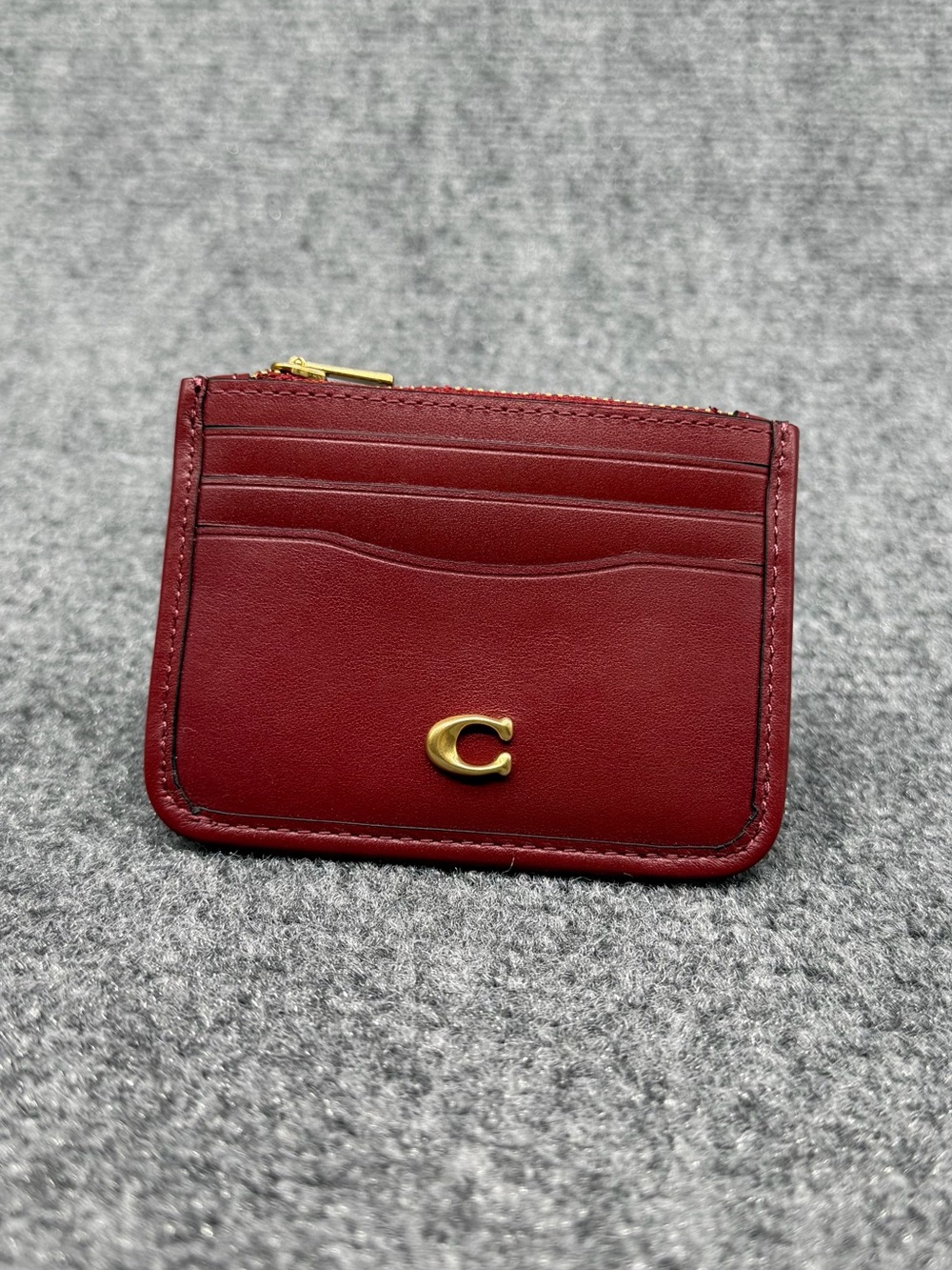 COACH Refined Calf Leather Zip Card Case Maroon Red